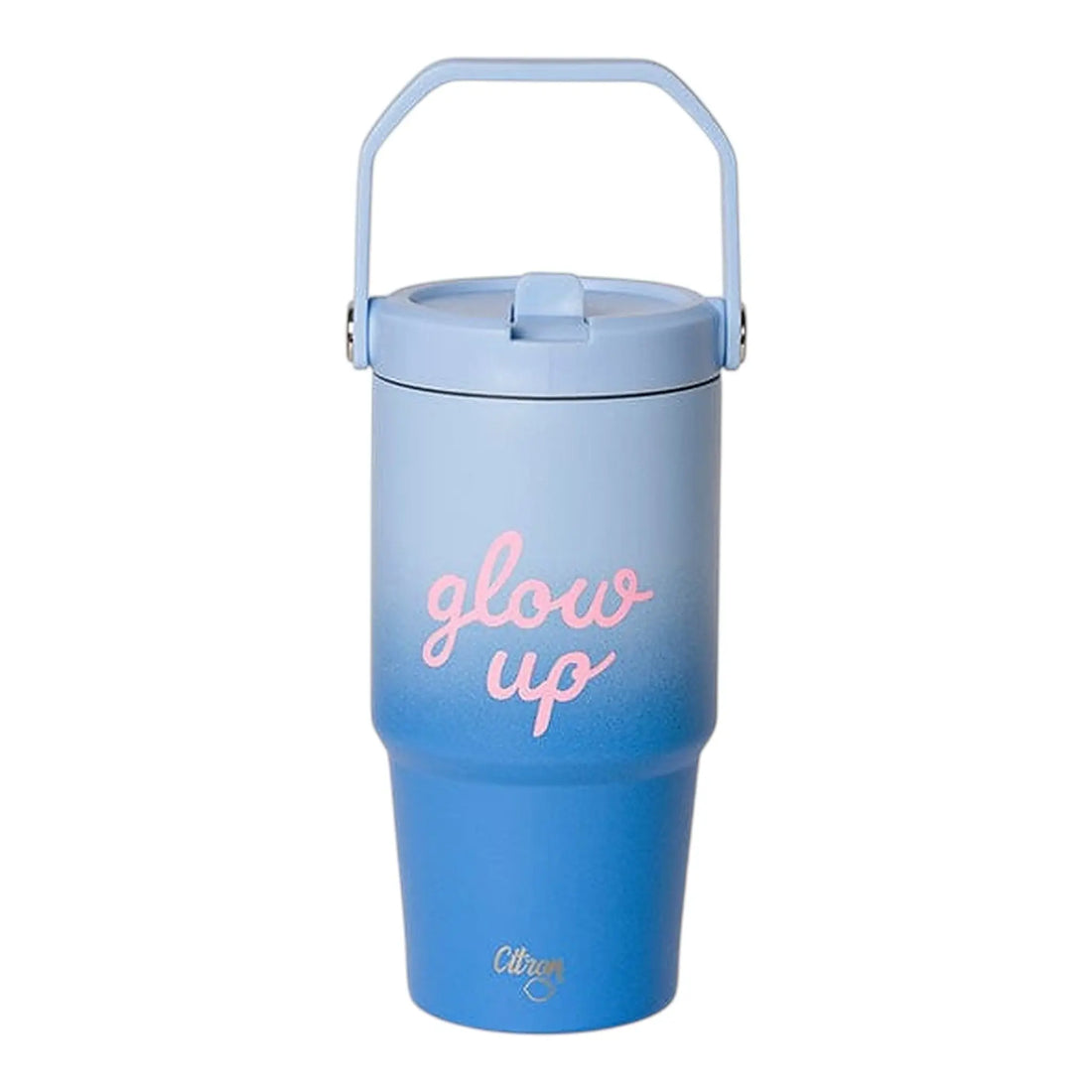 Lil Bunnies - The Collective 600ml insulated tumbler in blue ombre with pink glow up text and a carry handle