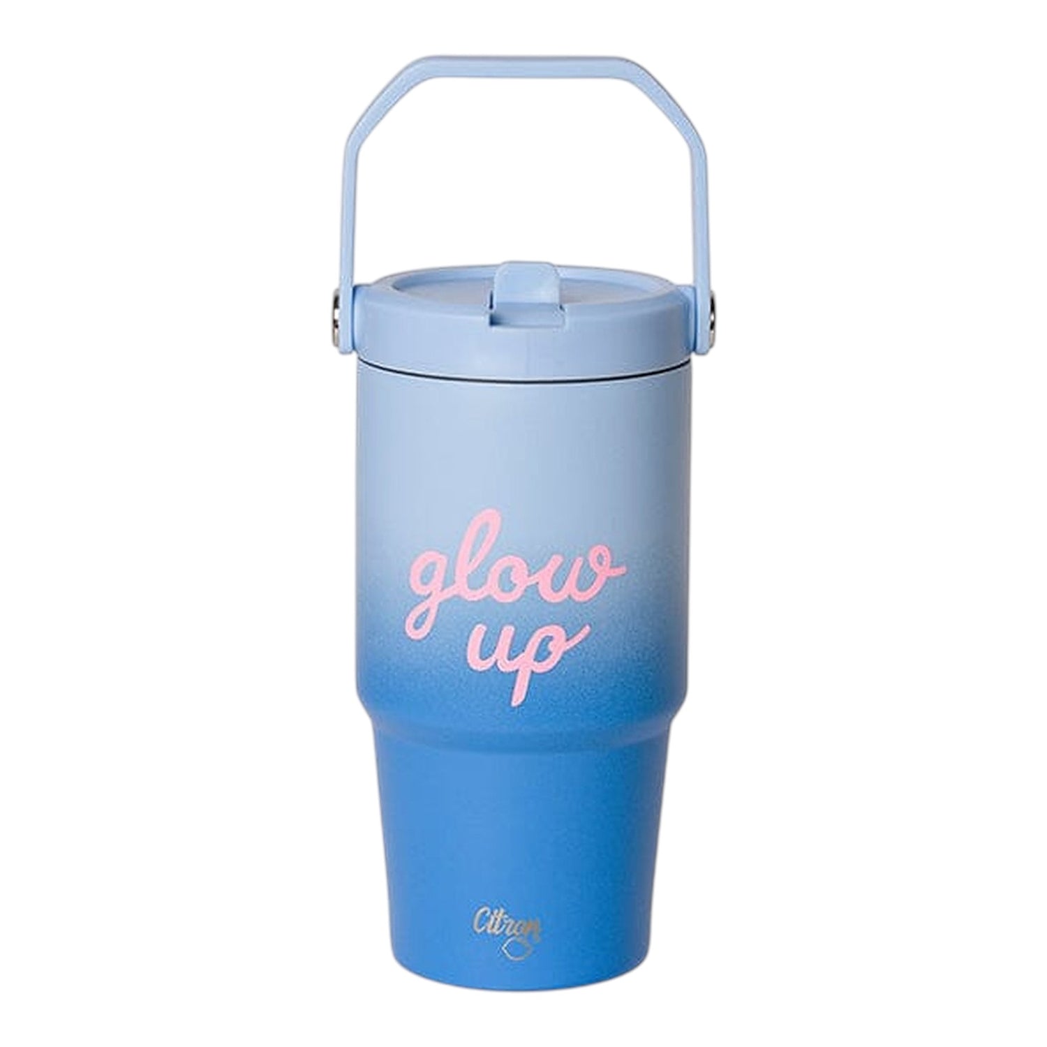 Lil Bunnies - The Collective 600ml insulated tumbler in blue ombre with pink glow up text and a carry handle