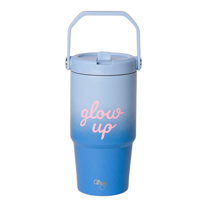 Lil Bunnies - The Collective 600ml insulated tumbler in blue ombre with pink glow up text and a carry handle