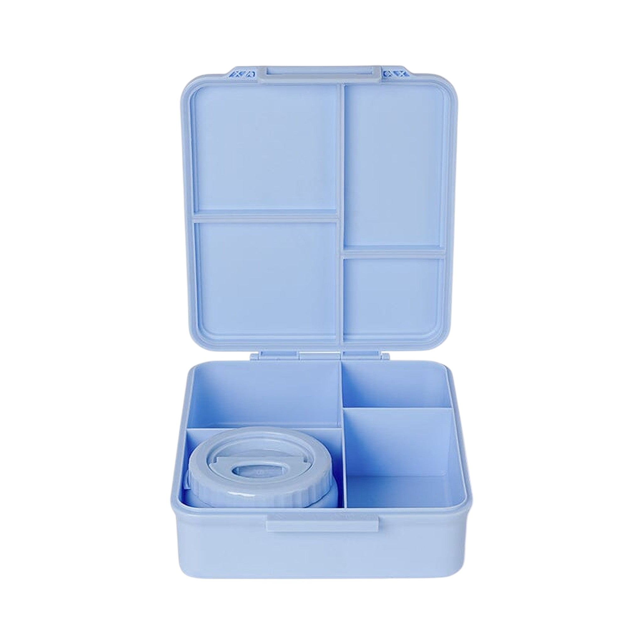 Lil Bunnies - The Collective blue grand lunchbox with an open lid and a matching insulated food jar inside.