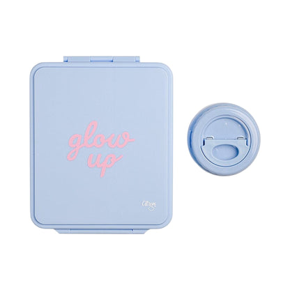 Lil Bunnies - The Collective blue lunchbox with matching insulated food jar featuring Glow Up text in pink