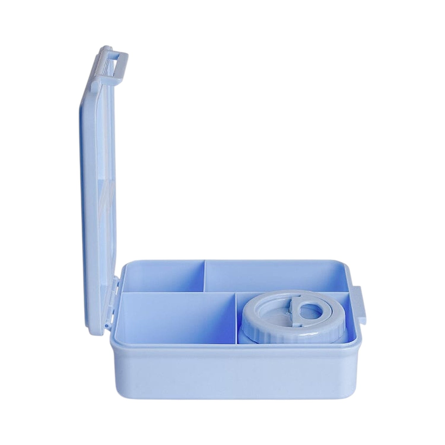Lil Bunnies - The Collective blue lunchbox with an open lid and a matching insulated food jar inside.
