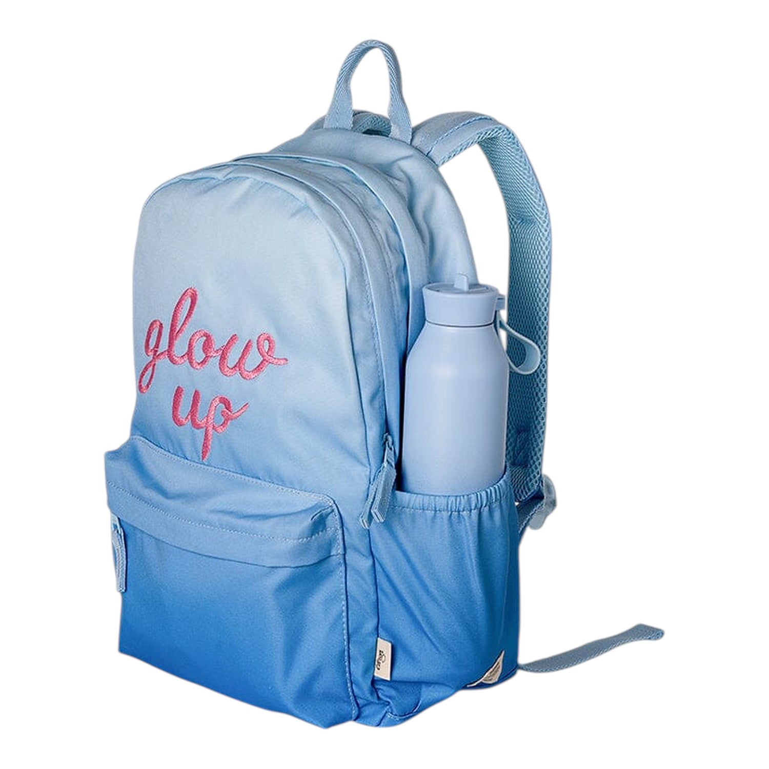 Lil Bunnies - The Collective blue ombre backpack with pink embroidered glow up text and side water bottle pocket