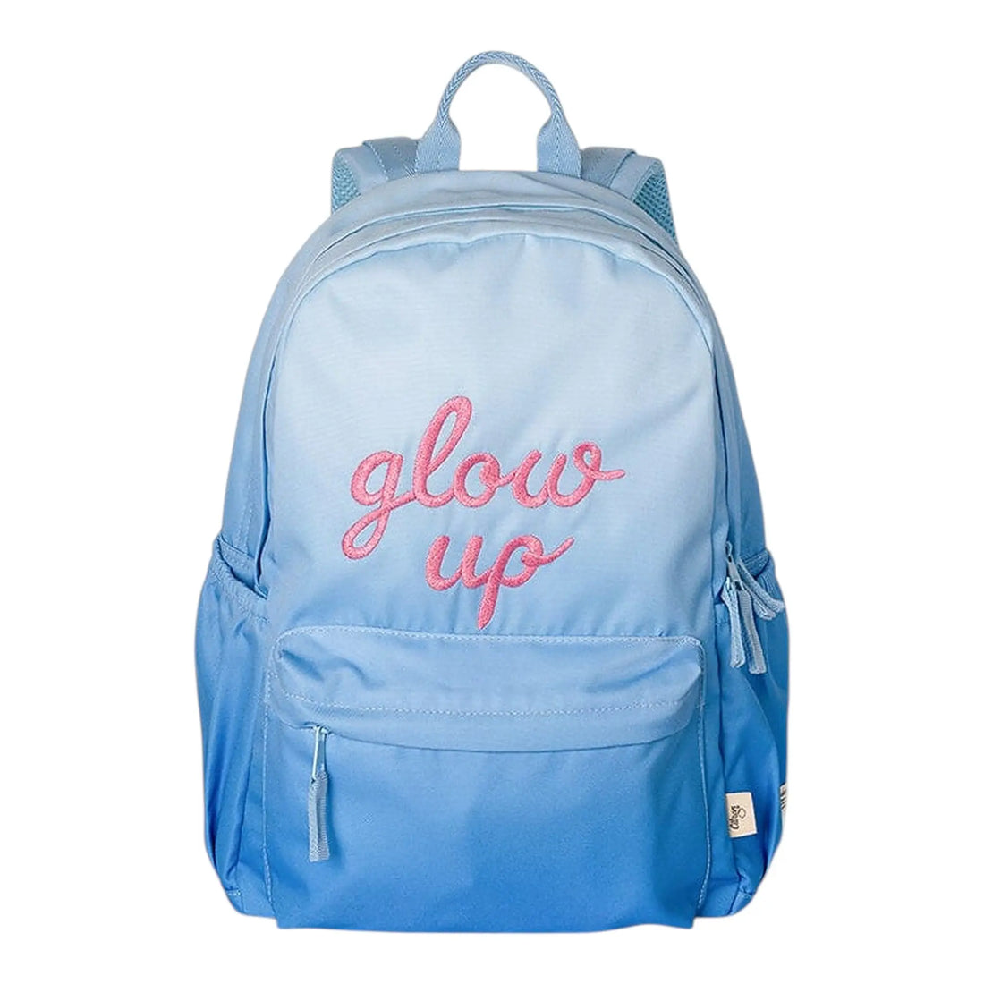 Lil Bunnies - The Collective blue ombre backpack with pink embroidered glow up text on the front pocket