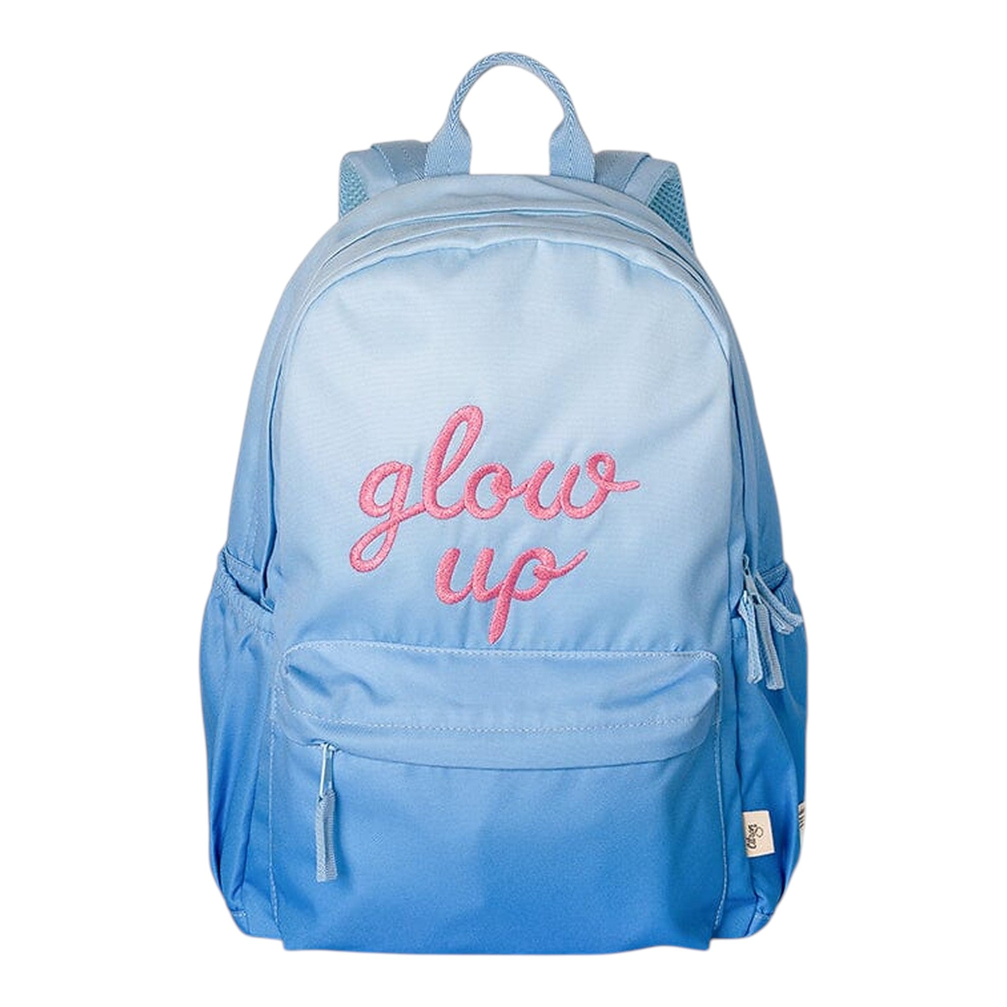 Lil Bunnies - The Collective blue ombre backpack with pink embroidered glow up text on the front pocket