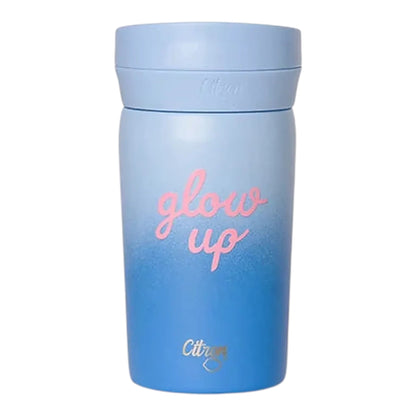 Lil Bunnies - The Collective 320ml blue ombre coffee mug with pink glow up text and a matching lid