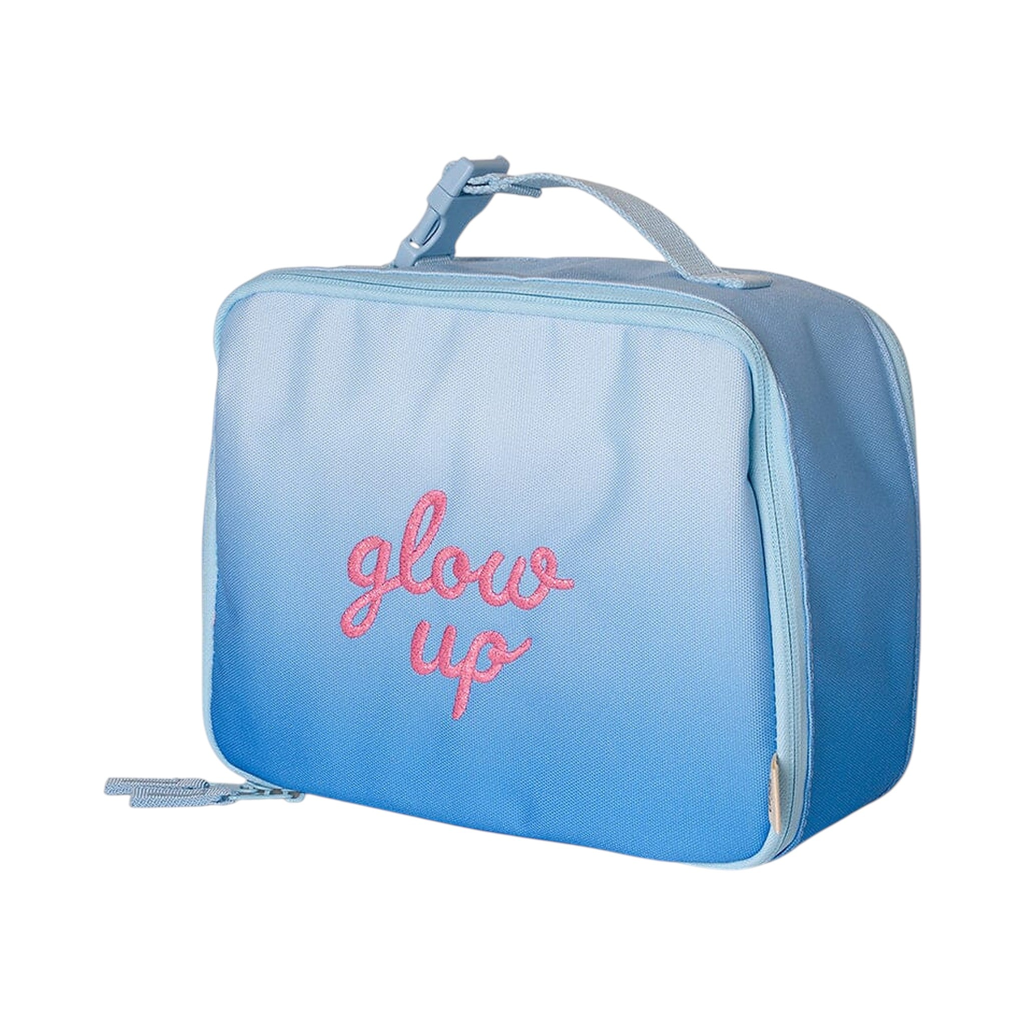 Lil Bunnies - The Collective insulated square lunch bag in blue ombre with pink embroidered glow up text
