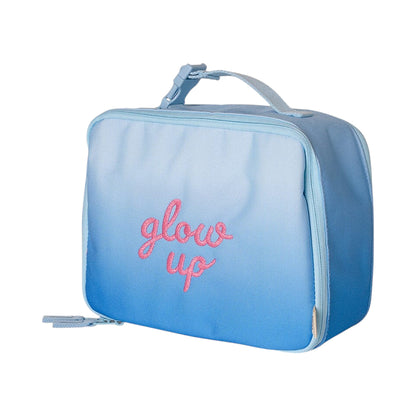 Lil Bunnies - The Collective insulated square lunch bag in blue ombre with pink embroidered glow up text