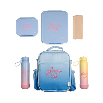 Lil Bunnies - The Collective blue ombre insulated lunch bag backpack set with matching food containers and water bottles