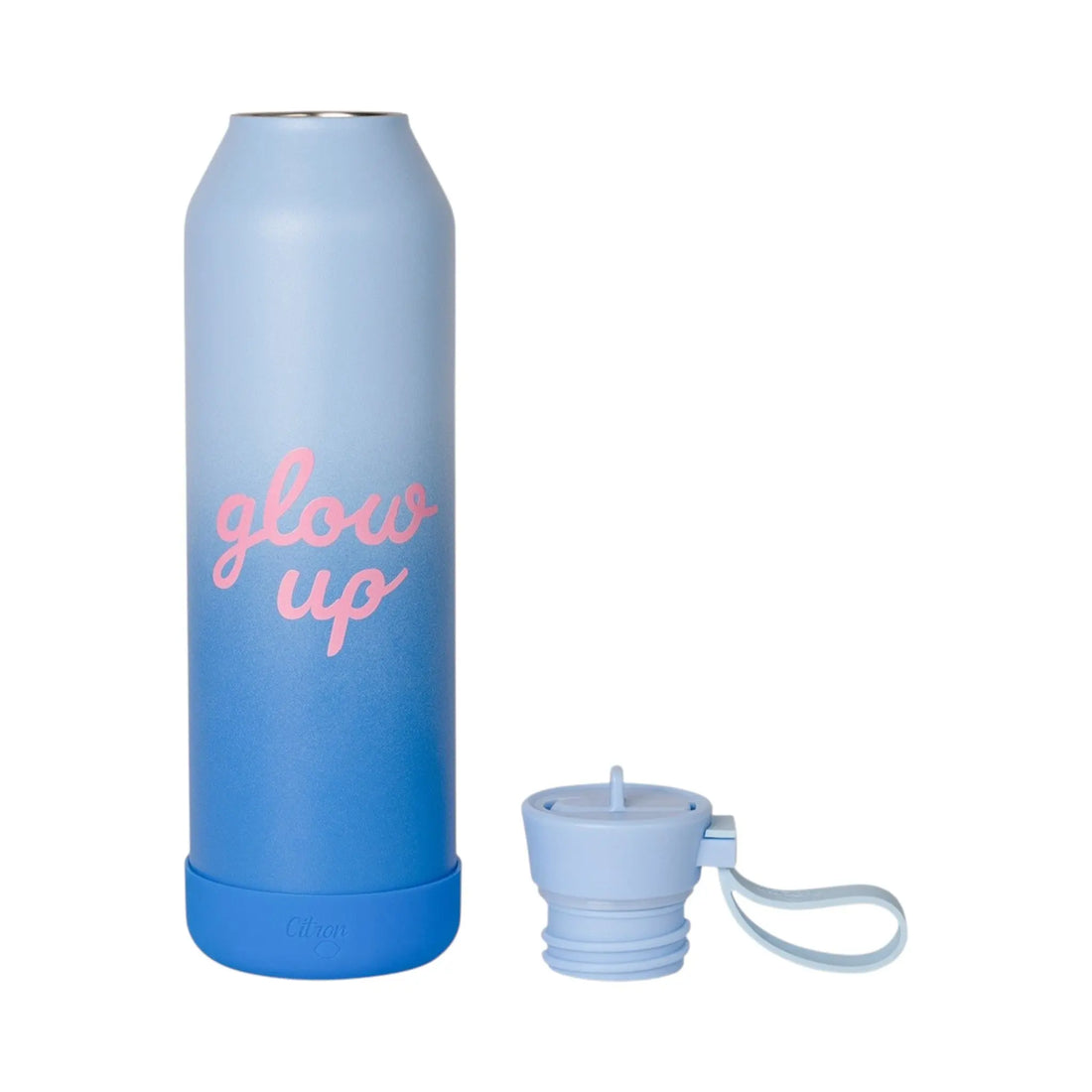 Lil Bunnies - The Collective 750ml blue ombre water bottle with pink glow up text and matching silicone base