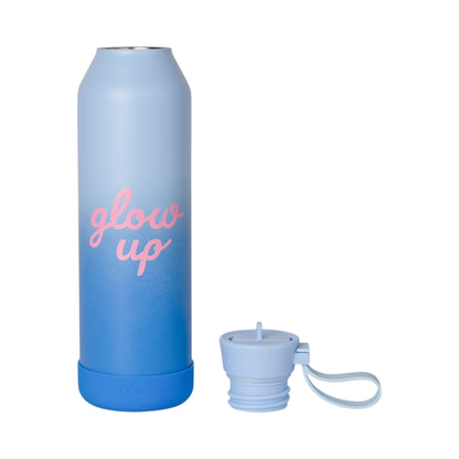 Lil Bunnies - The Collective 750ml blue ombre water bottle with pink glow up text and matching silicone base