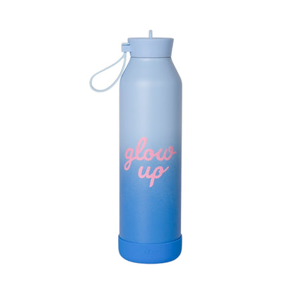 Lil Bunnies - The Collective 750ml blue ombre water bottle with pink glow up text and silicone base