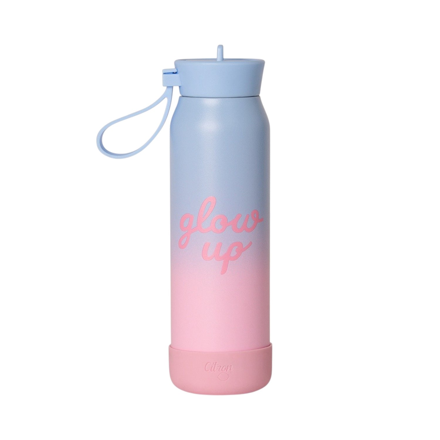 Lil Bunnies - The Collective 350ml blue and pink ombre water bottle with Glow Up text and a silicone base