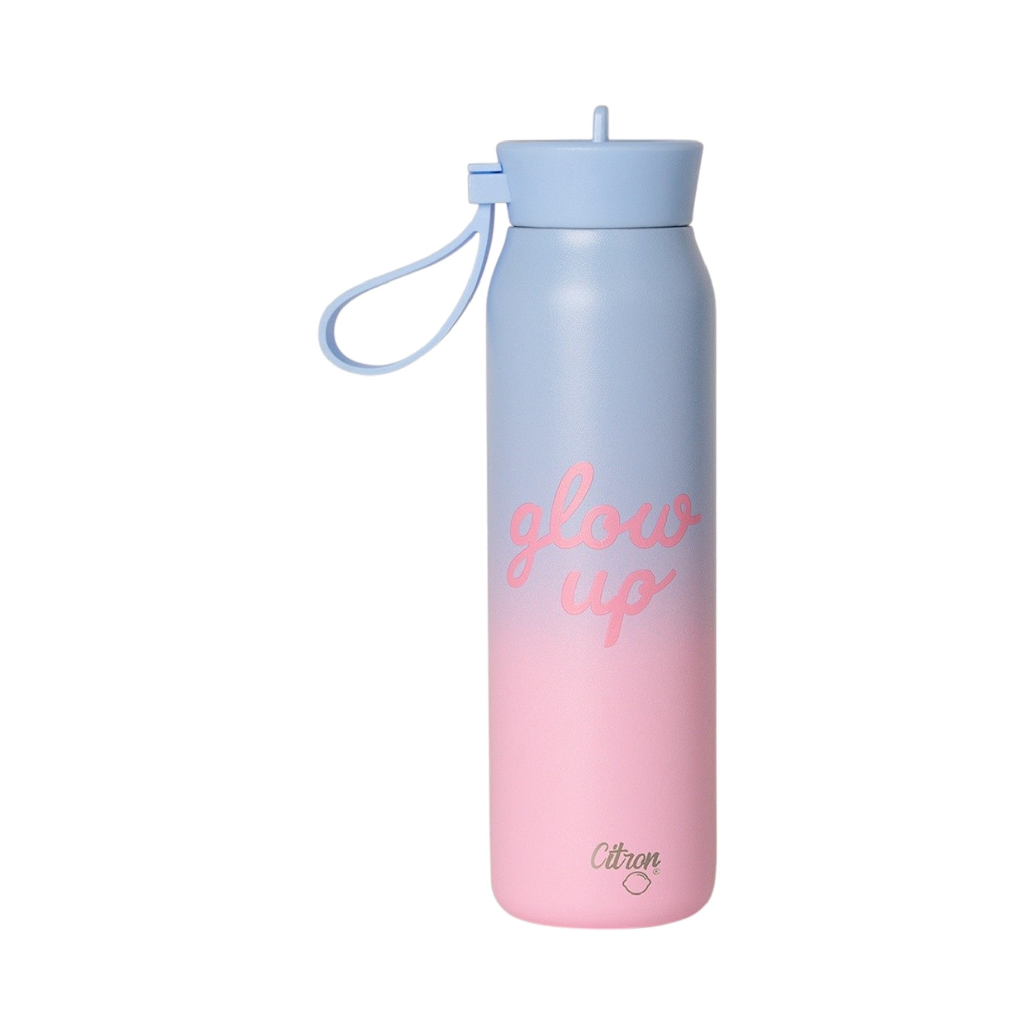 Lil Bunnies - The Collective 350ml stainless steel water bottle with a blue to pink ombre design and glow up text