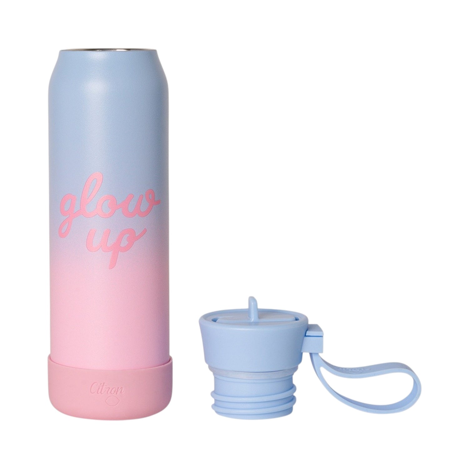 Lil Bunnies - The Collective 350ml blue and pink ombre water bottle with glow up text and a matching lid