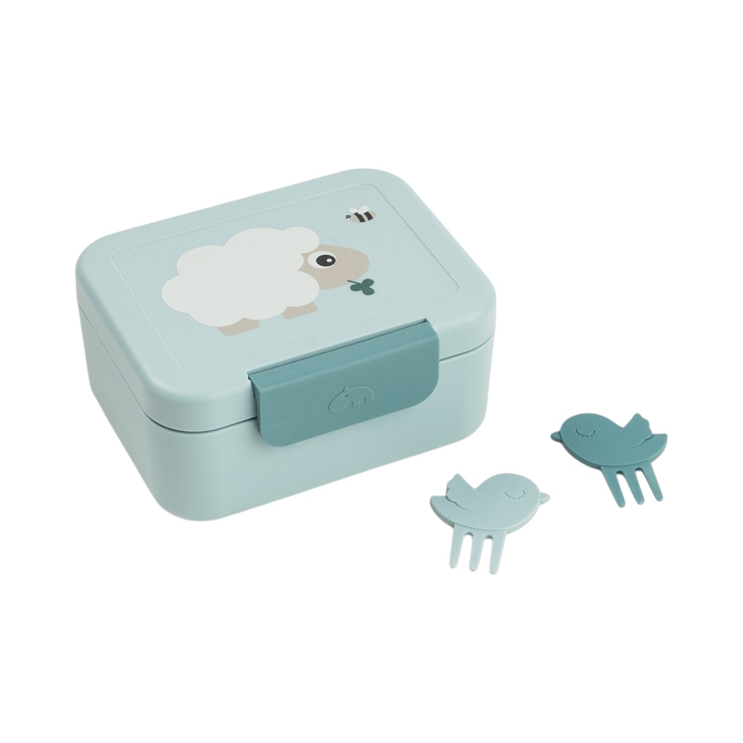 Lil Bunnies - The Collective blue snack box with sheep illustration, removable divider, and two bird-shaped food picks.