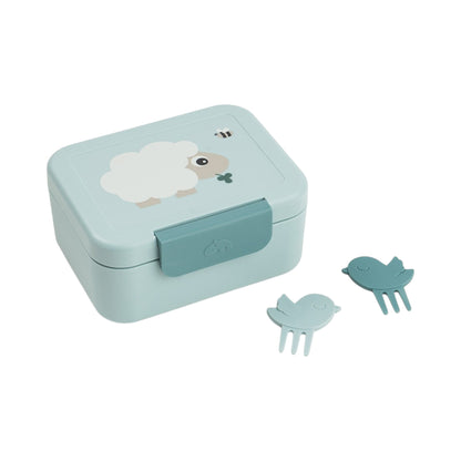Lil Bunnies - The Collective blue snack box with sheep illustration, removable divider, and two bird-shaped food picks.
