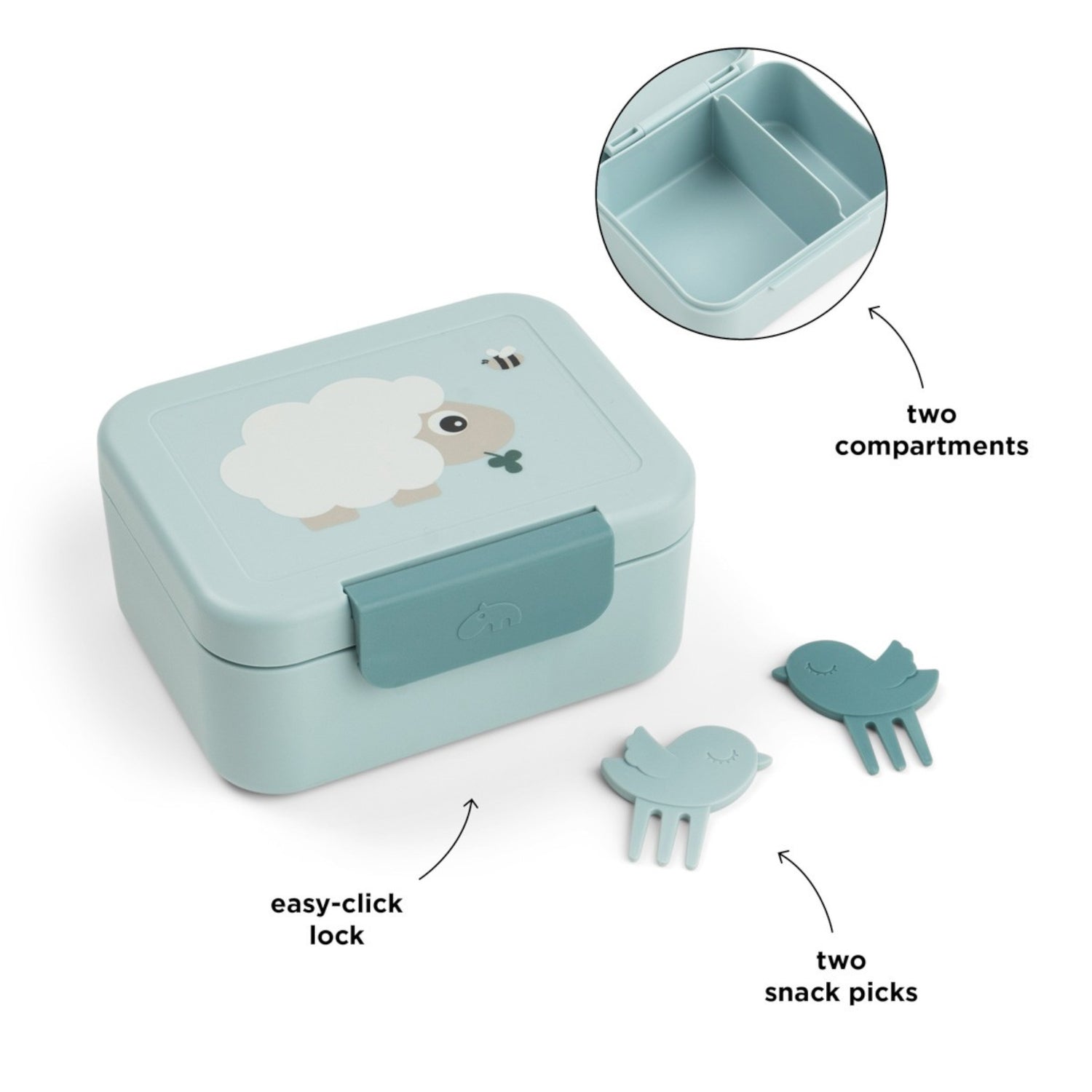 Lil Bunnies - The Collective blue snack box with sheep illustration, divider, easy-click lock, and two bird picks.