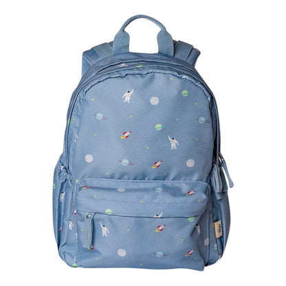 Lil Bunnies - The Collective medium blue backpack featuring a playful outer space pattern with astronauts and rockets.