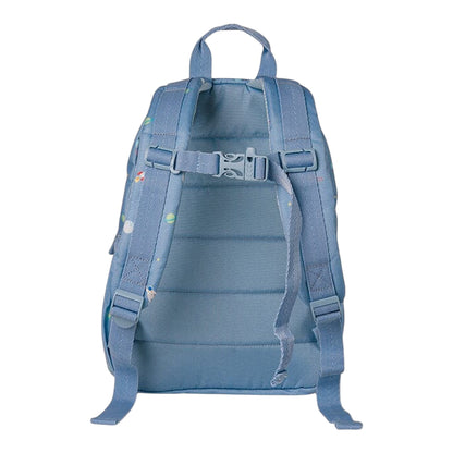 Lil Bunnies - The Collective medium blue backpack with spaceship print, padded straps, and a chest buckle.
