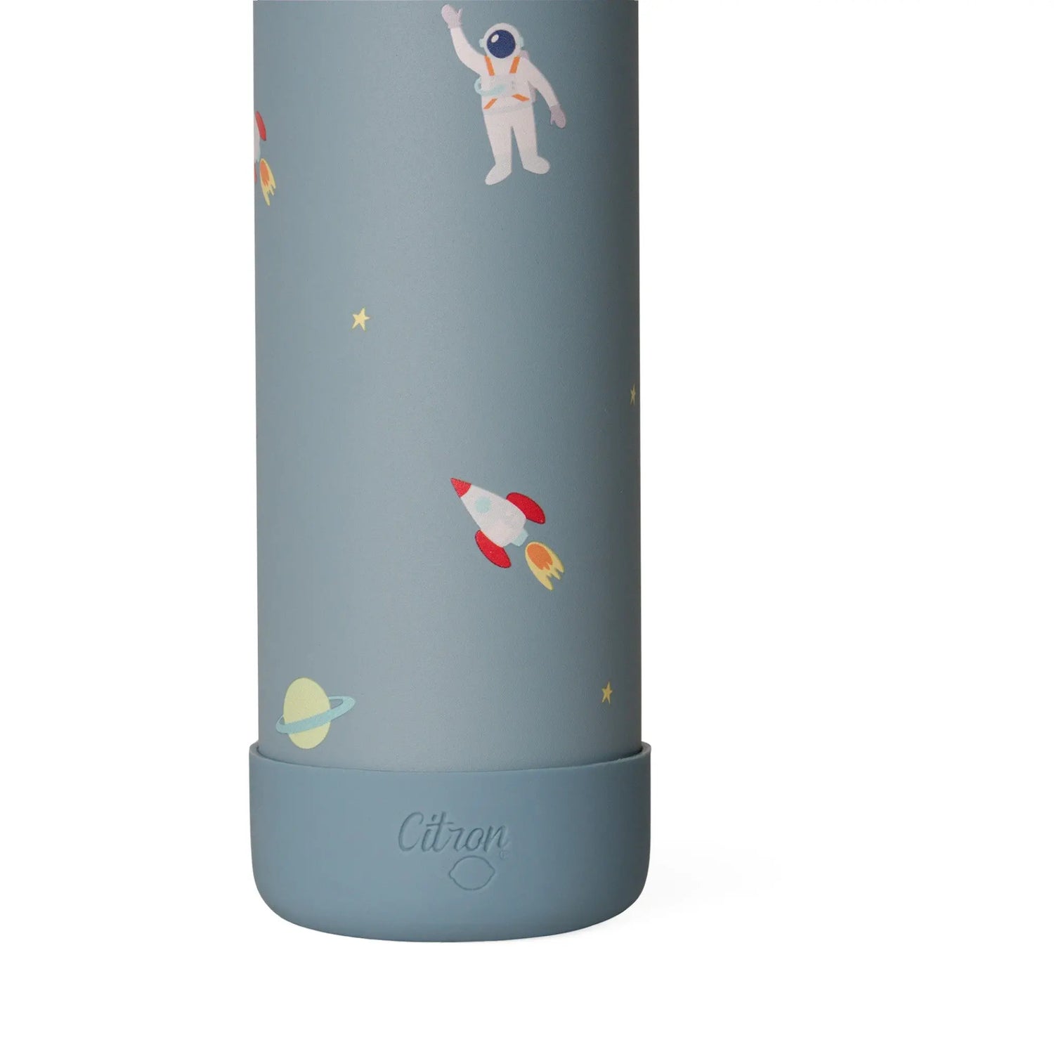 Lil Bunnies - The Collective 350ml blue water bottle featuring a playful spaceship and astronaut print