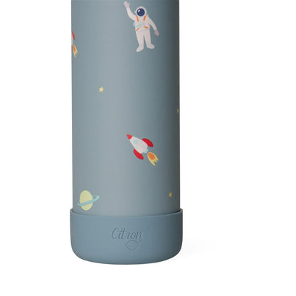 Lil Bunnies - The Collective 350ml blue water bottle featuring a playful spaceship and astronaut print