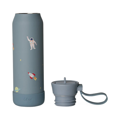 Lil Bunnies - The Collective 350ml blue stainless steel water bottle with a fun spaceship and astronaut print