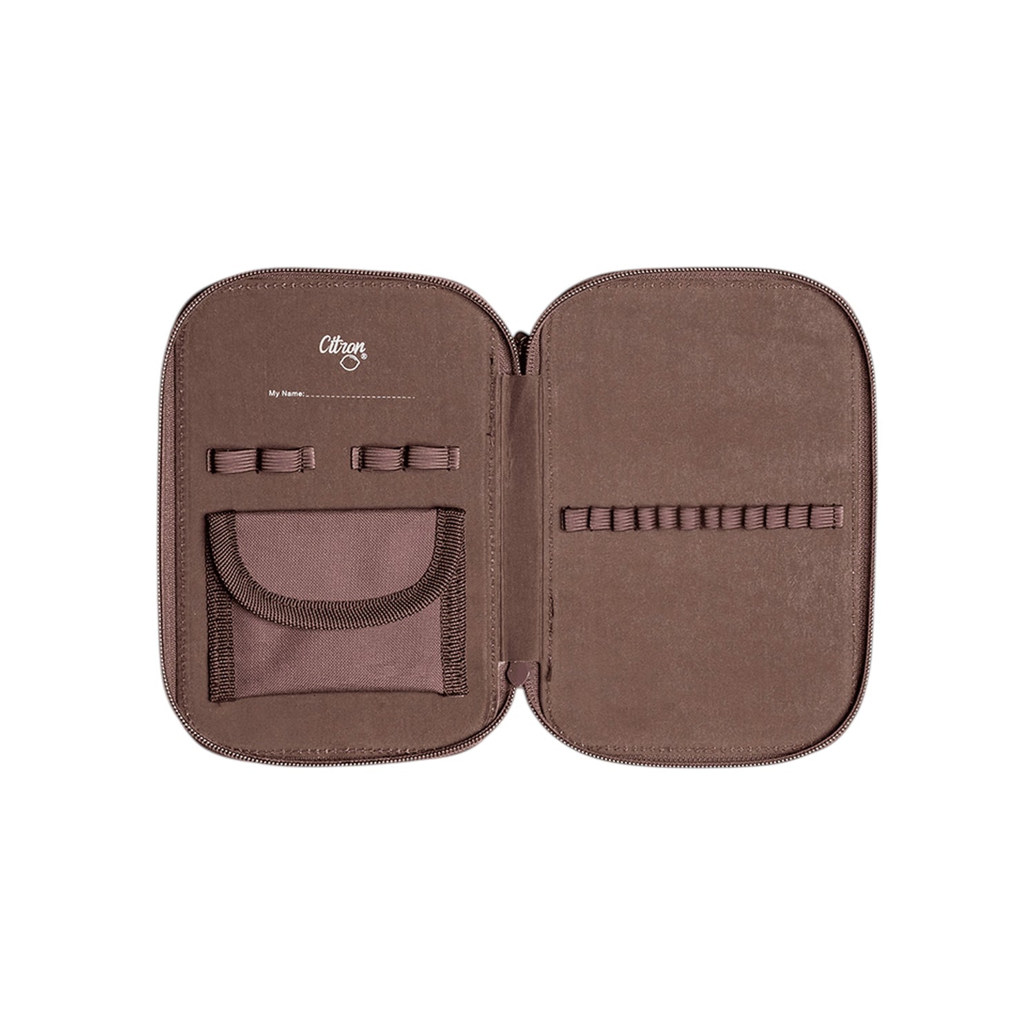 Lil Bunnies - The Collective brown layered pencil case with elastic pen loops and a small storage pocket inside