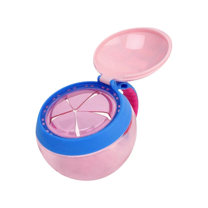 Lil Bunnies - The Collective butterfly snack cup with a pink translucent bowl, blue lid, and spill-proof opening.