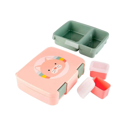 Lil Bunnies - The Collective Zoo Bento Box featuring a cute cat illustration on a pink lid with green compartments.