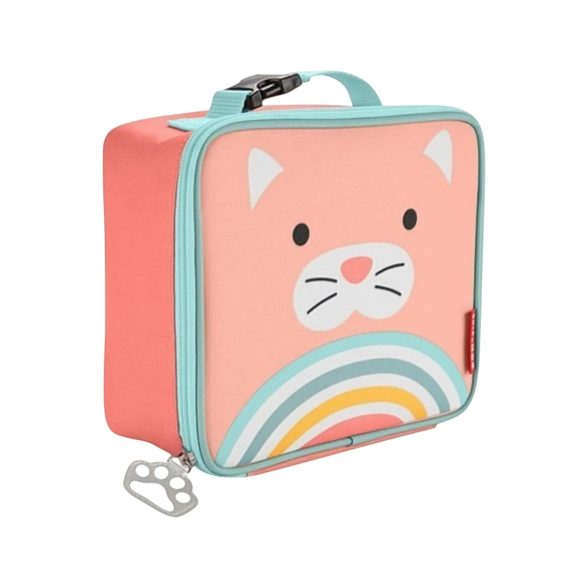 Lil Bunnies - The Collective cat-themed lunch bag in peach with a rainbow design and paw-shaped zipper pull