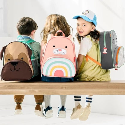 Lil Bunnies - The Collective cat zoo backpack with rainbow design worn by a child sitting on a bench with friends