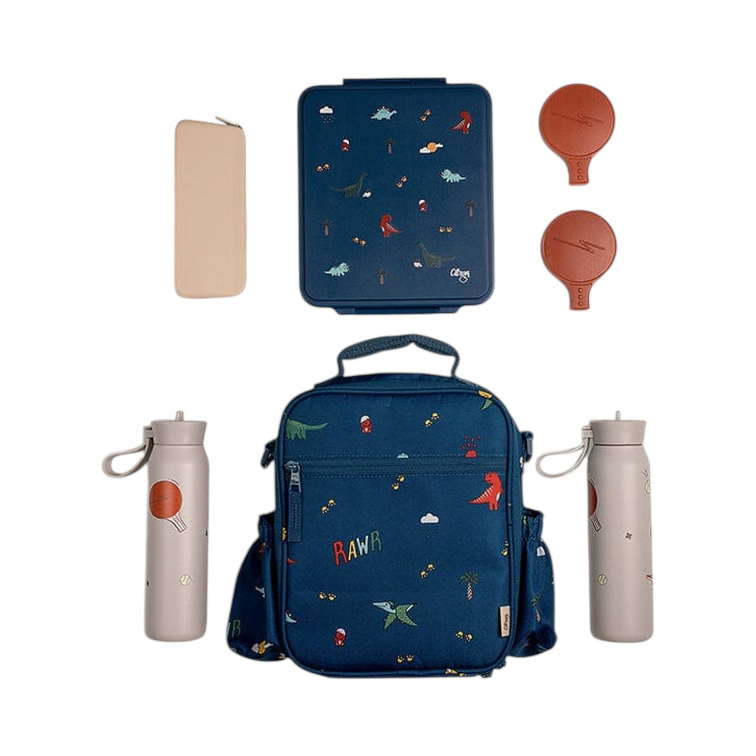 Lil Bunnies - The Collective blue insulated lunchbag backpack with dinosaur print, matching bottles, and containers.