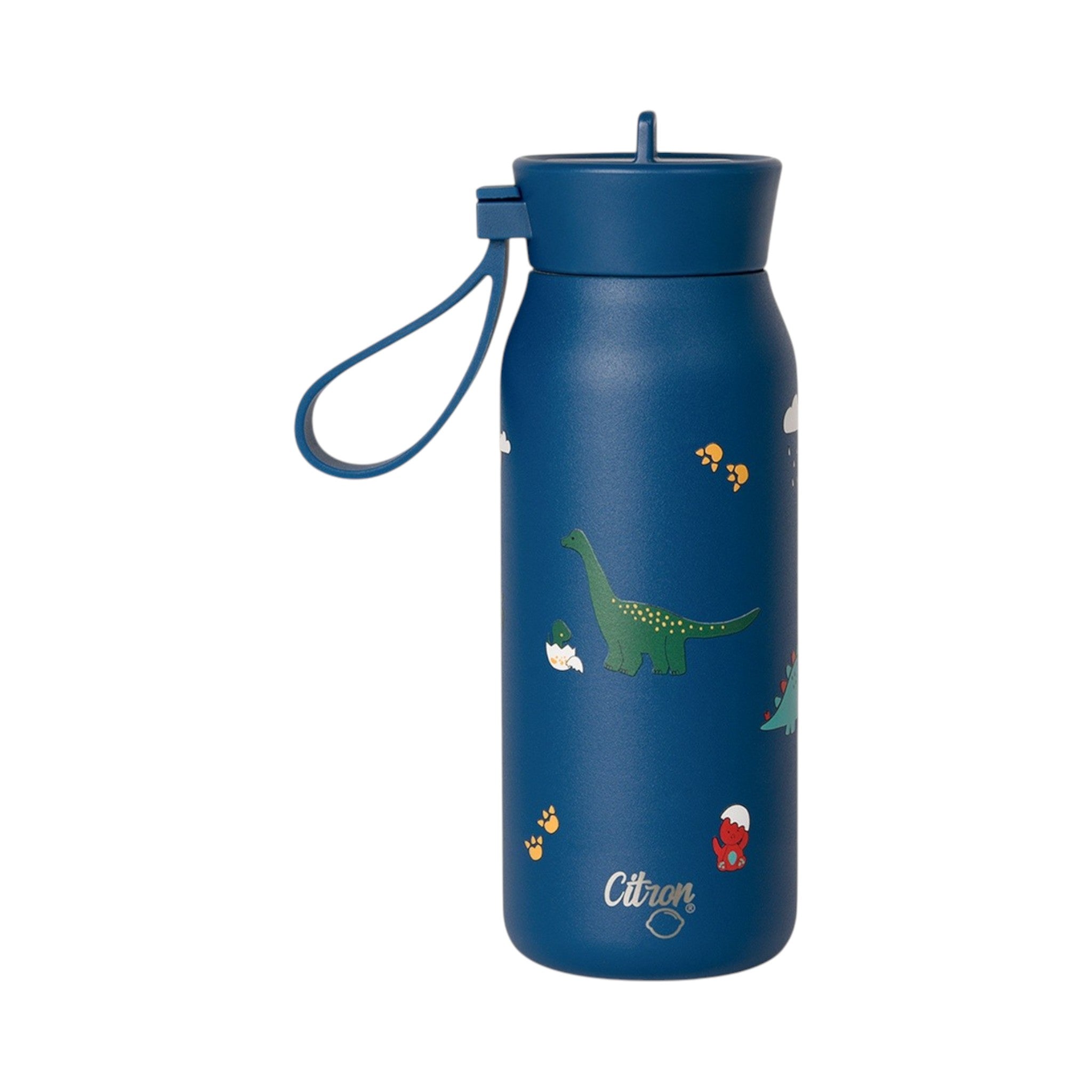 Lil Bunnies - The Collective 250ml blue stainless steel water bottle for kids featuring a cute dinosaur print