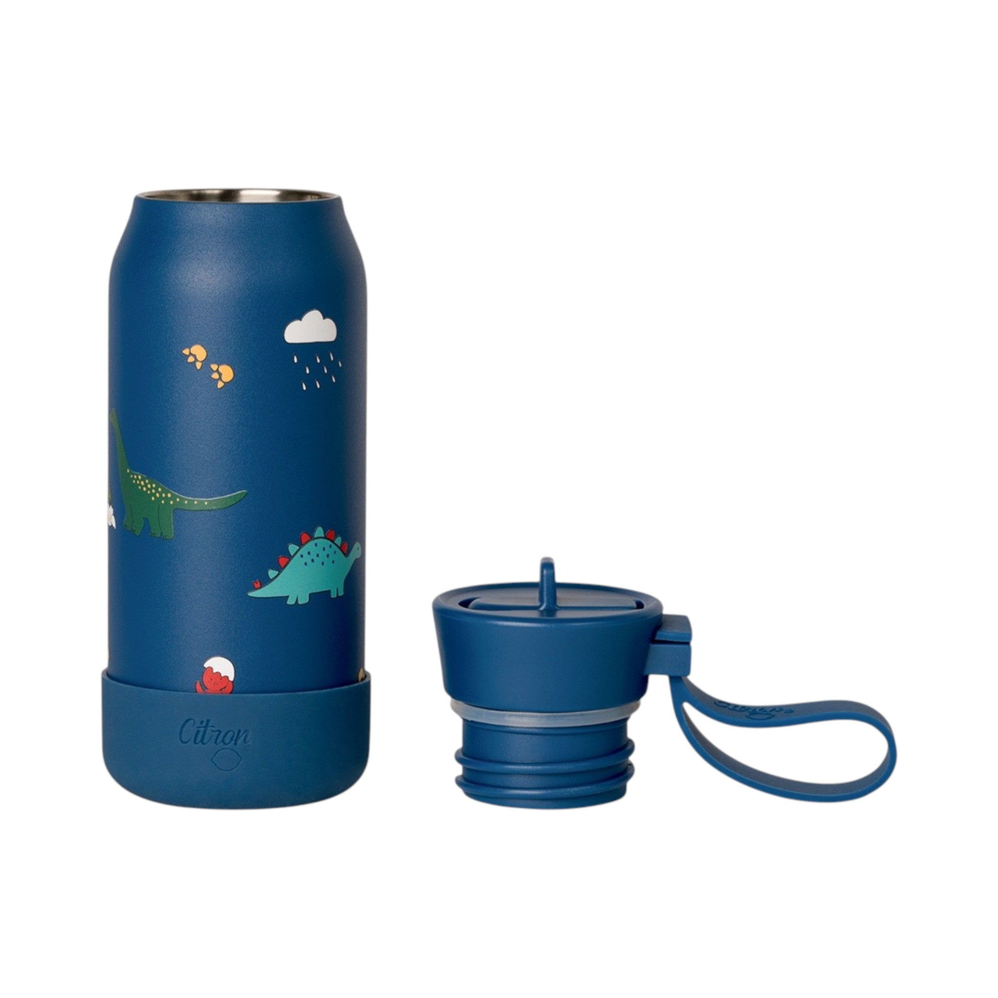 Lil Bunnies - The Collective Mini WB 250ml dinosaur print stainless steel water bottle in navy blue with matching lid