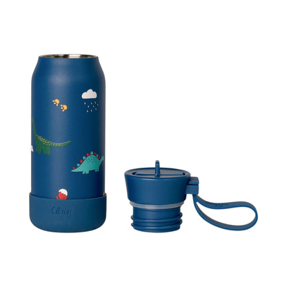 Lil Bunnies - The Collective Mini WB 250ml dinosaur print stainless steel water bottle in navy blue with matching lid