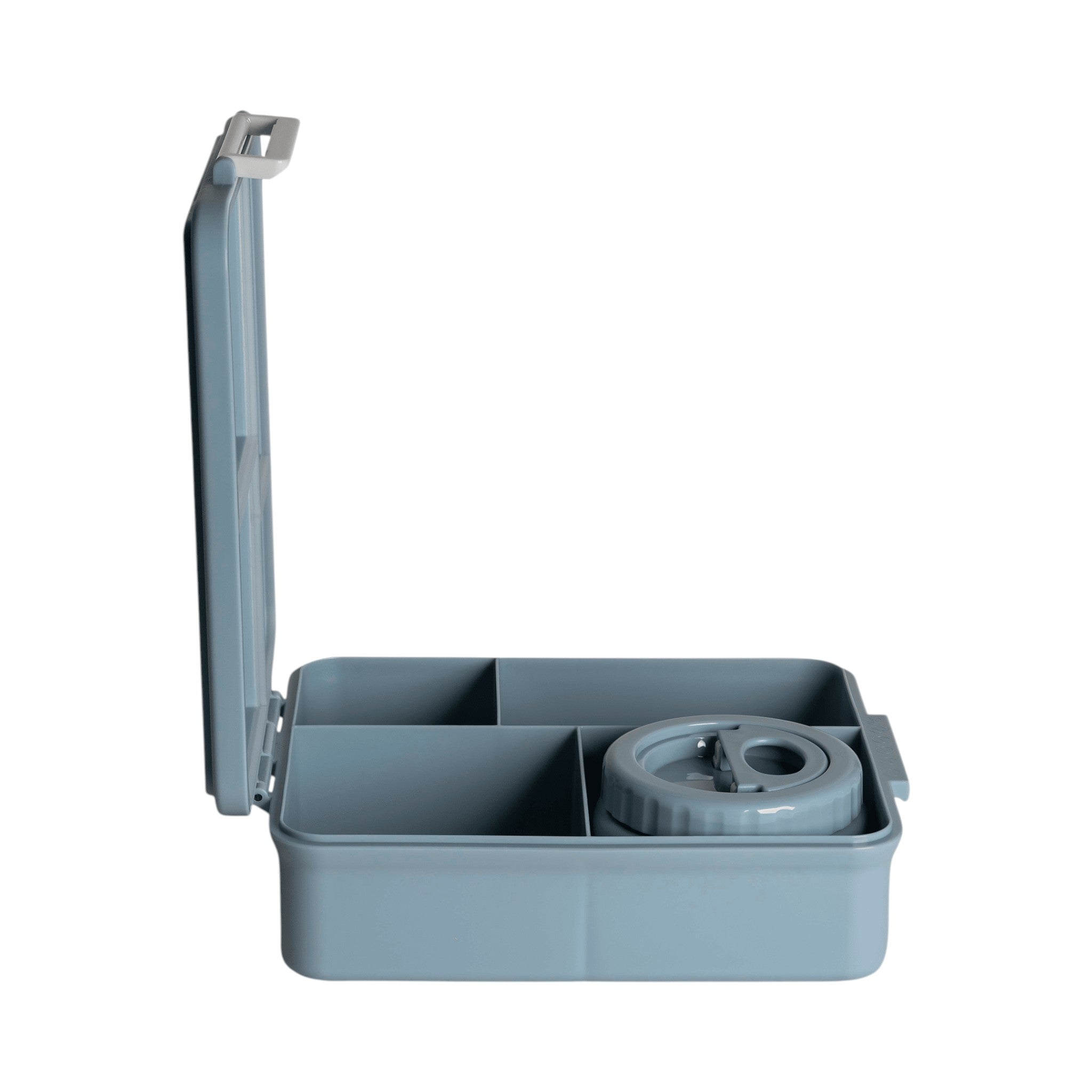 Lil Bunnies - The Collective dusty blue 4-compartment lunch box with an integrated food jar, side view.