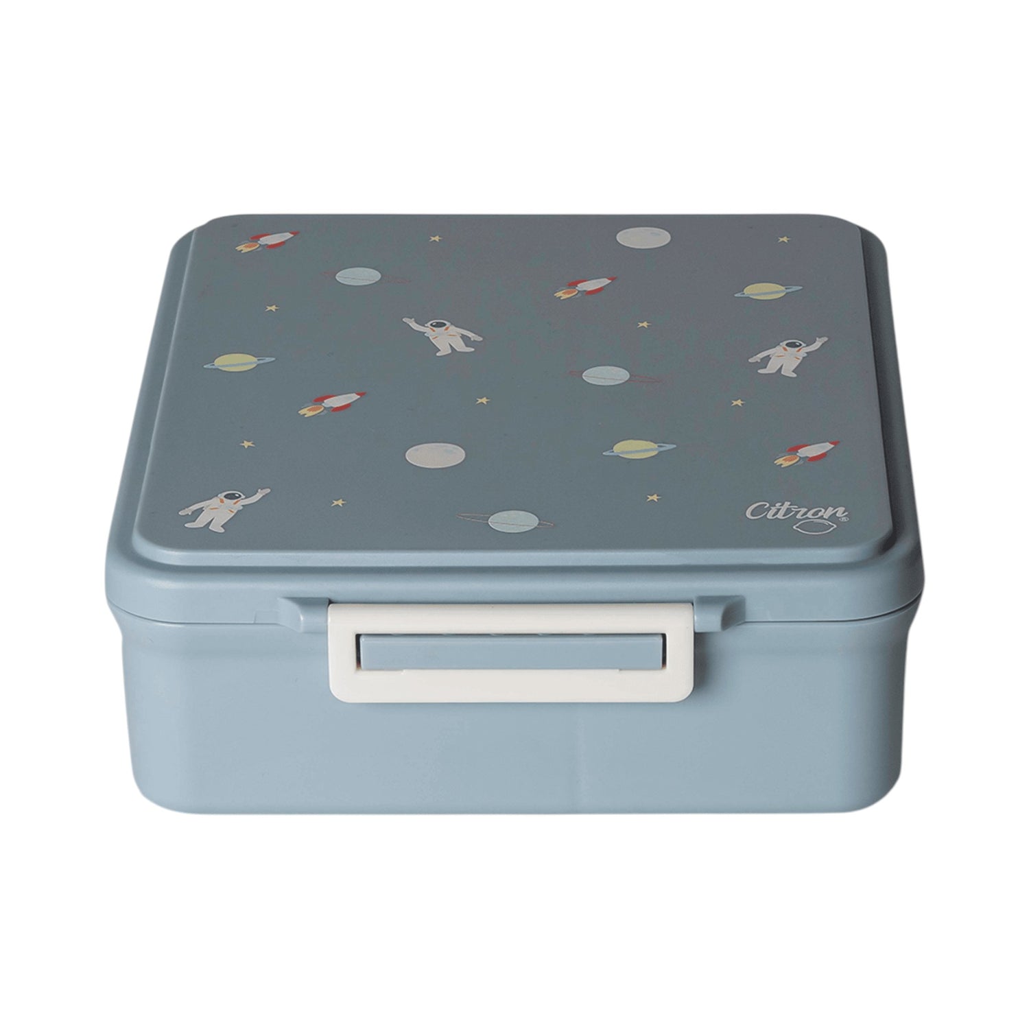Lil Bunnies - The Collective dusty blue 4-compartment lunch box featuring a playful spaceship and astronaut pattern.