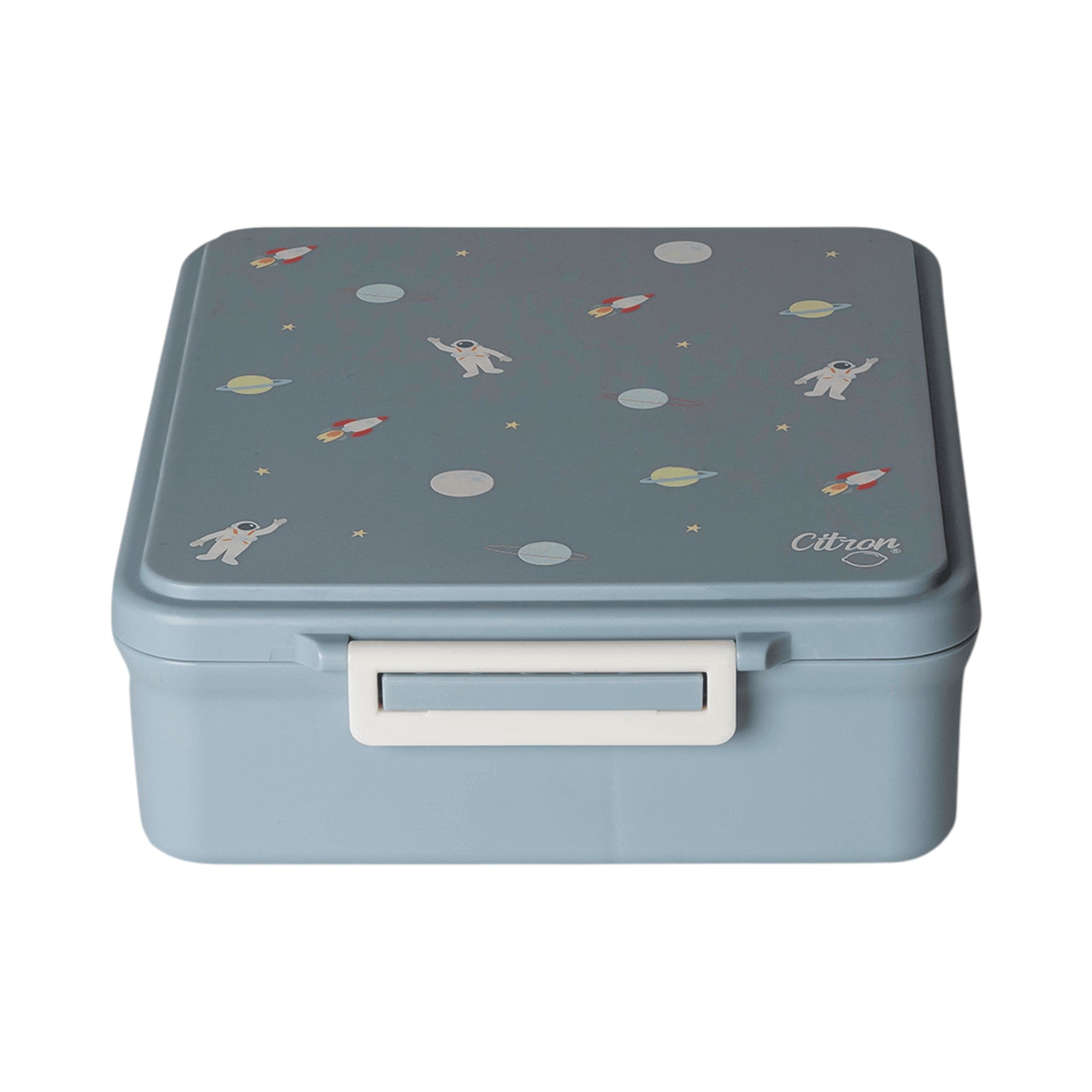 Lil Bunnies - The Collective dusty blue 4-compartment lunch box featuring a playful spaceship and astronaut pattern.
