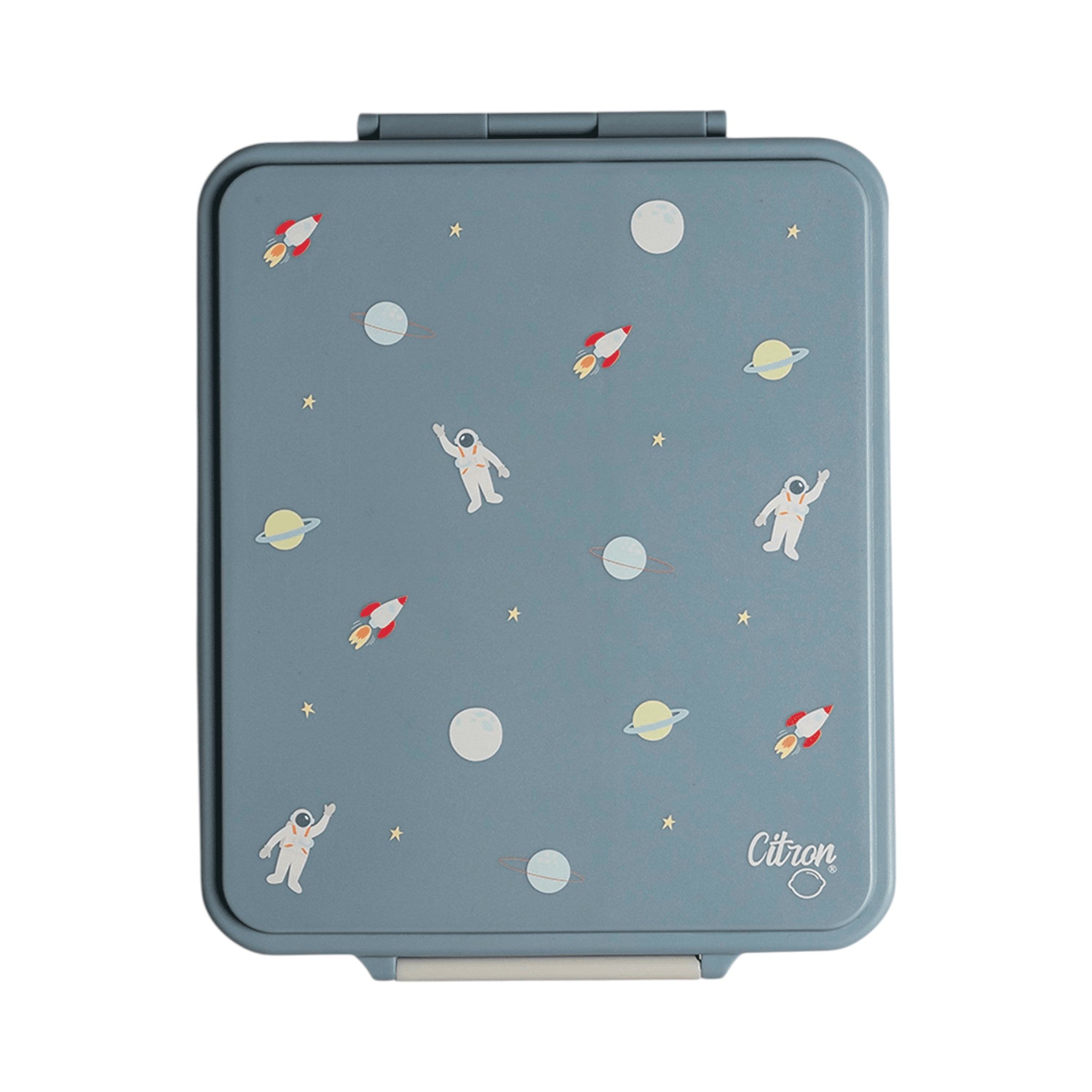 Lil Bunnies - The Collective dusty blue lunch box with a playful spaceship, astronaut, and planet pattern