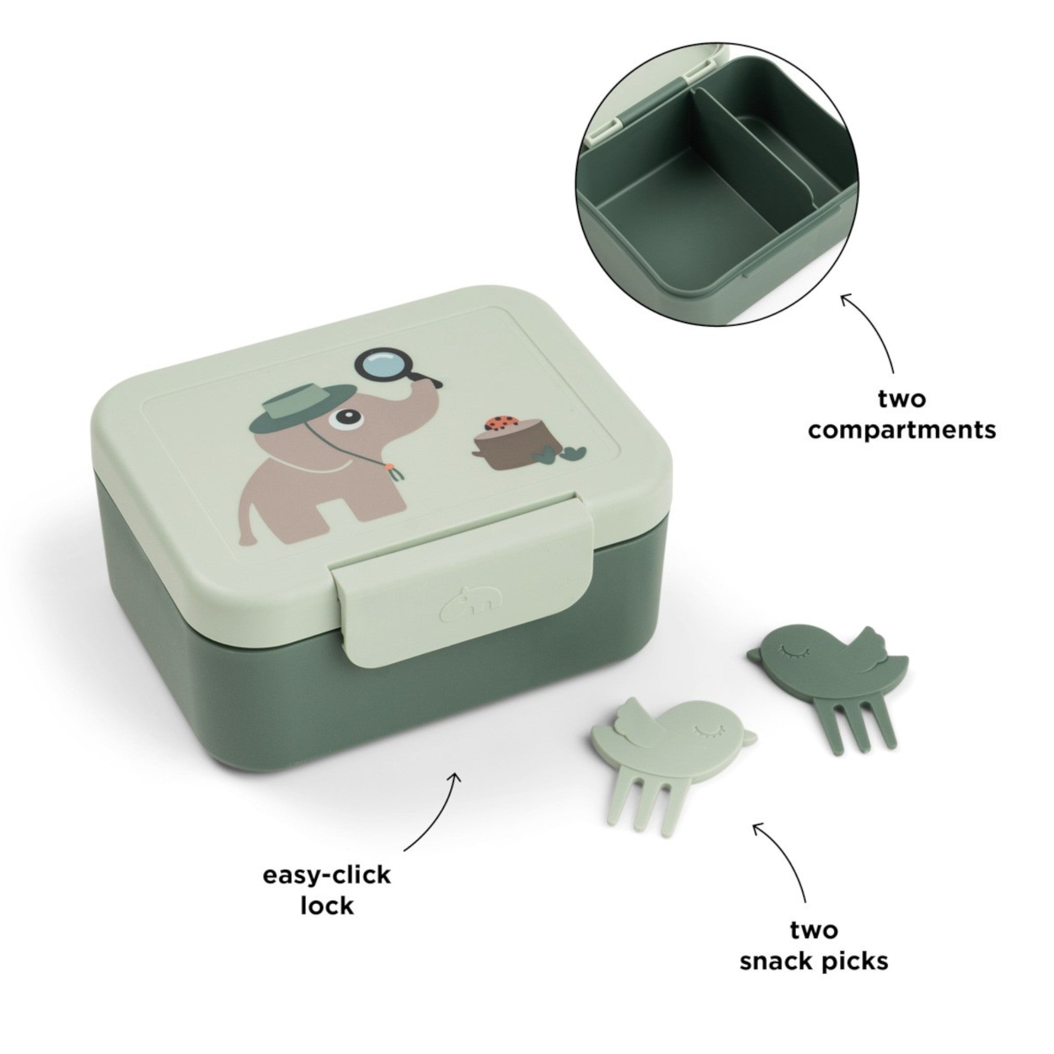 Lil Bunnies - The Collective explorer green snack box with elephant illustration, two compartments, and bird picks.