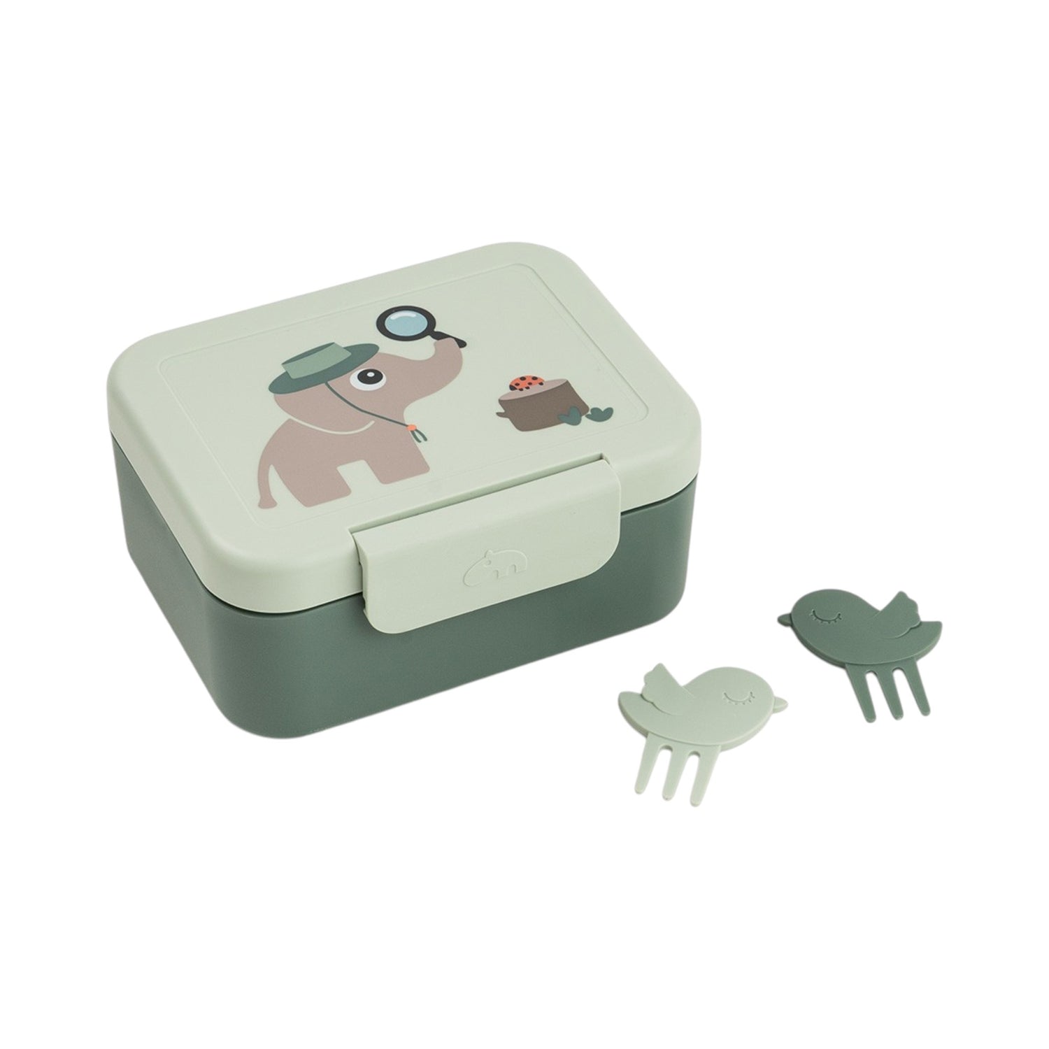 Lil Bunnies - The Collective explorer green snack box with elephant print, internal divider, and two bird food picks.