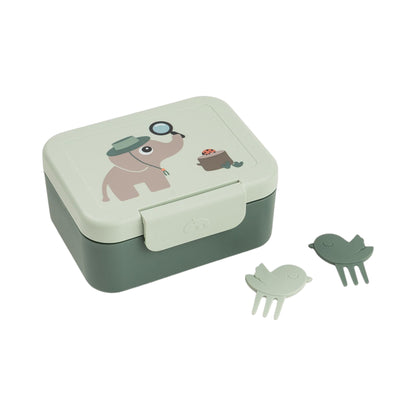 Lil Bunnies - The Collective explorer green snack box with elephant print, internal divider, and two bird food picks.