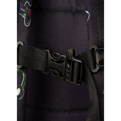 Lil Bunnies - The Collective black gaming backpack featuring a durable plastic buckle strap and colorful controller print
