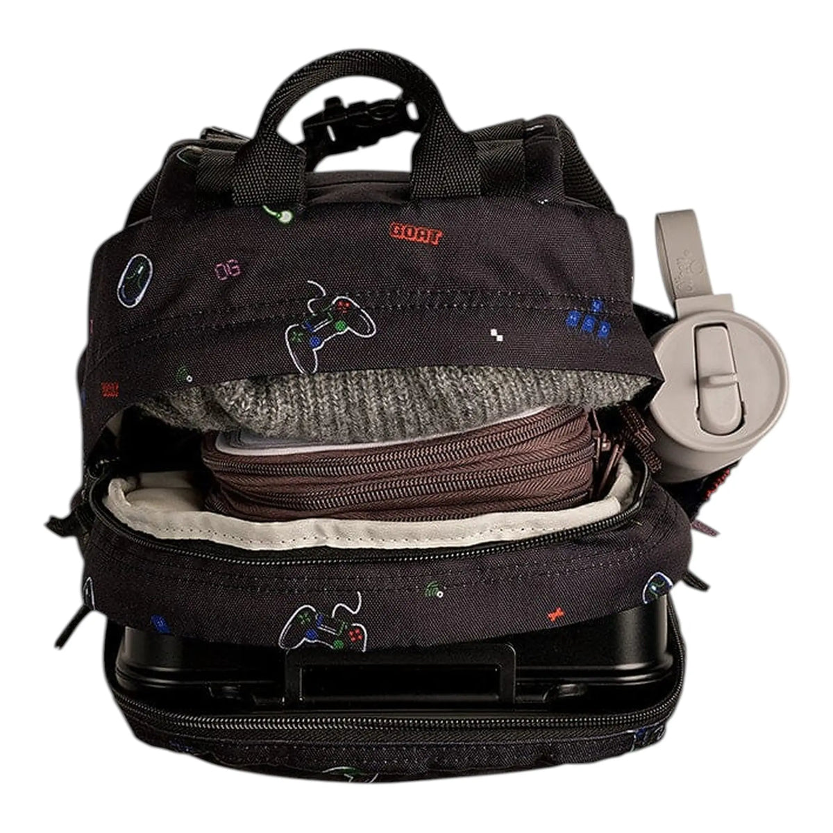 Lil Bunnies - The Collective medium gaming backpack in black with colorful controller print and open compartments