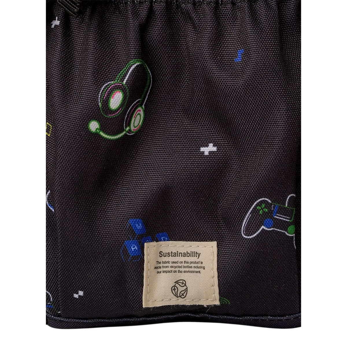 Lil Bunnies - The Collective gaming medium backpack featuring a black fabric with colourful headset and controller icons
