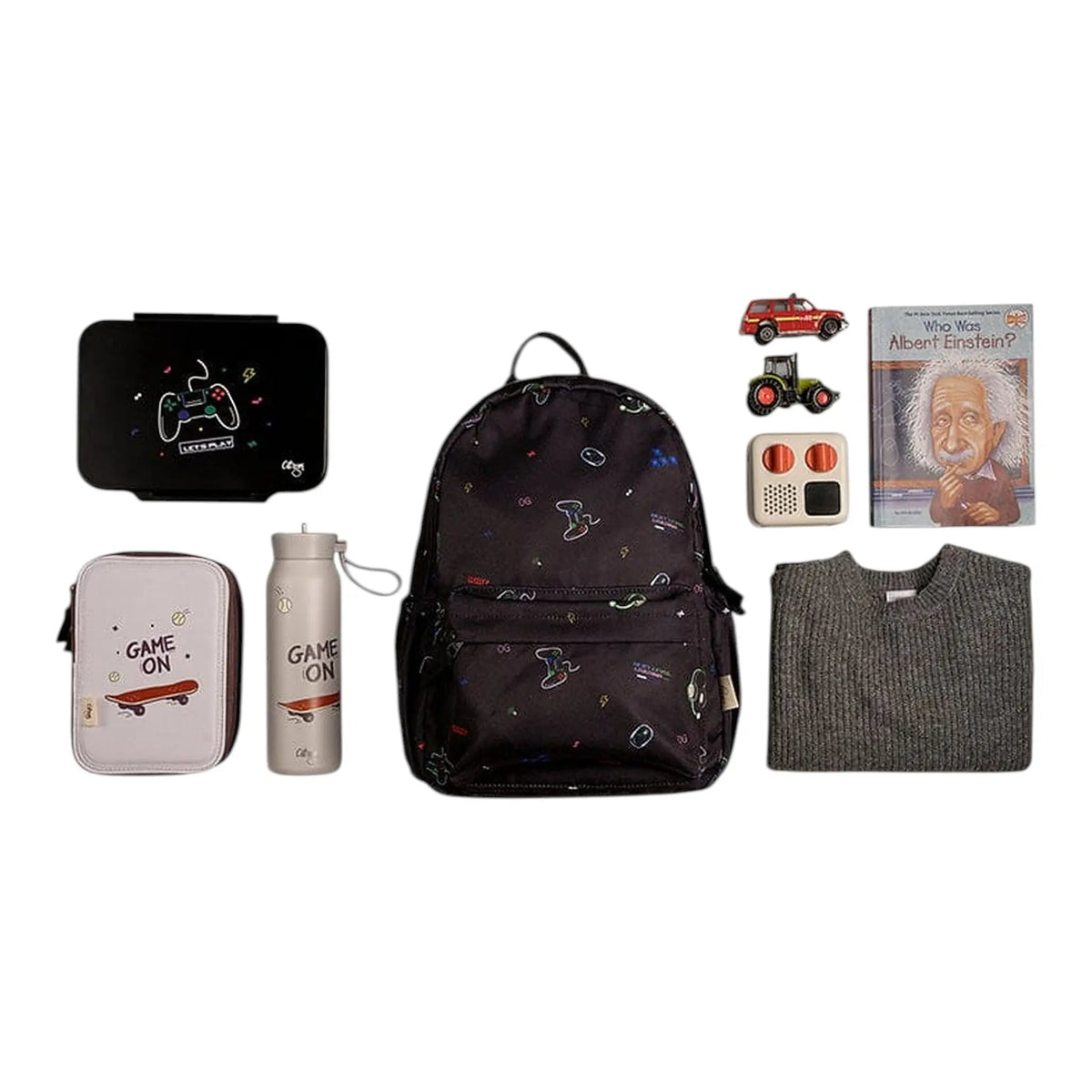 Lil Bunnies - The Collective gaming backpack set with matching lunch box, water bottle, sweater, and books.