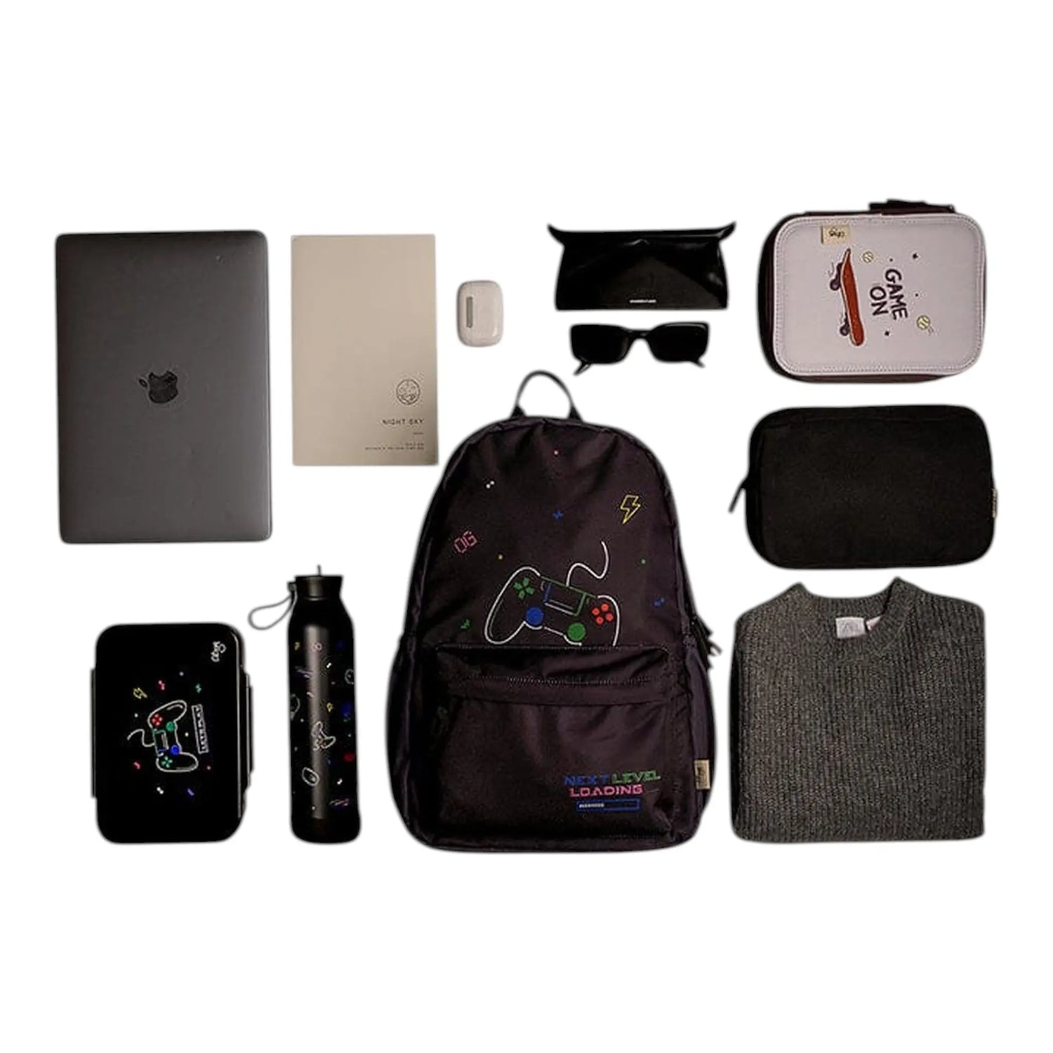 Lil Bunnies - The Collective gaming backpack set with matching accessories, laptop, water bottle, and clothing items.