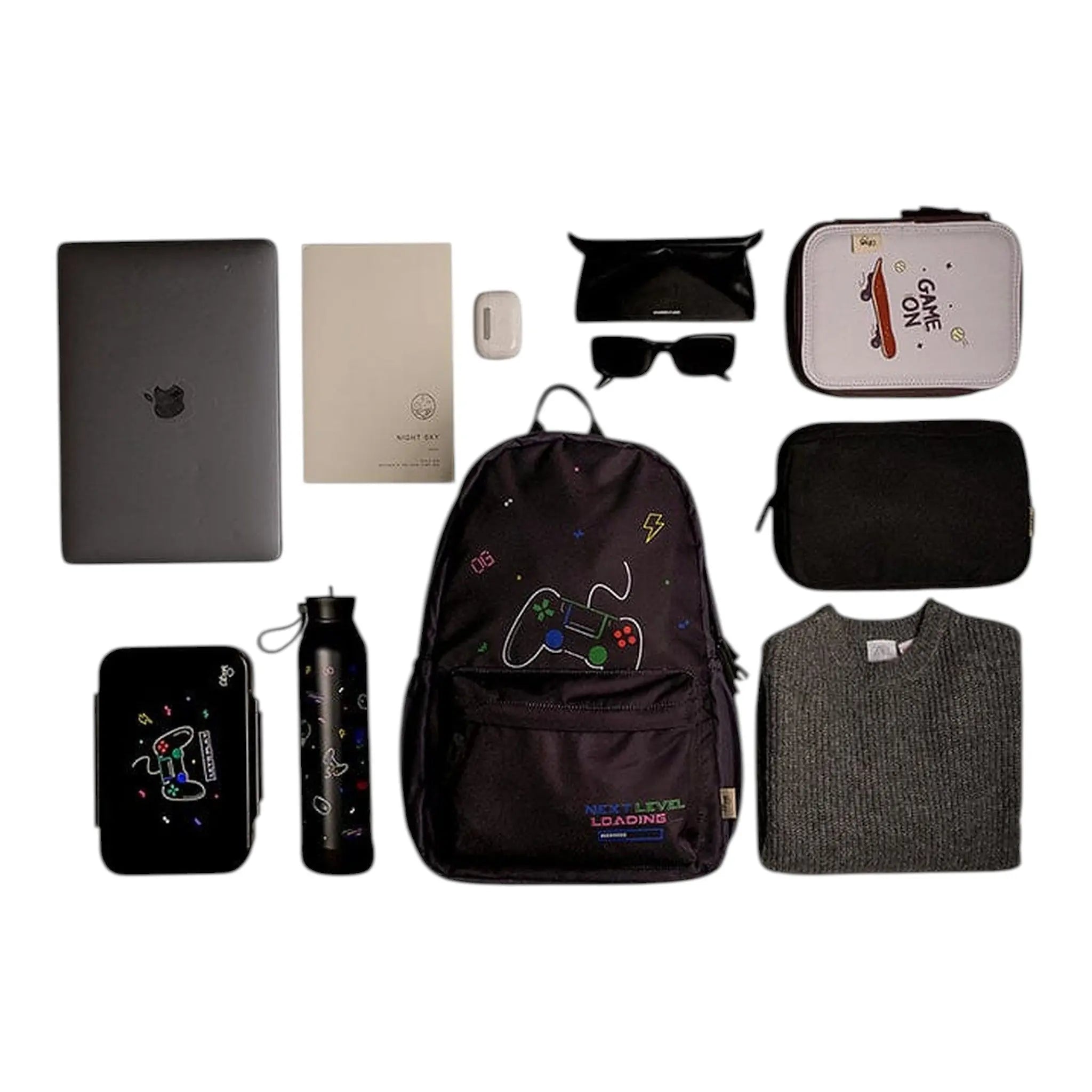 Lil Bunnies - The Collective gaming backpack set with matching accessories, laptop, water bottle, and clothing items.