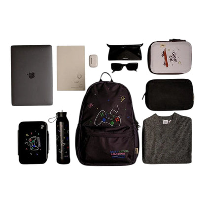 Lil Bunnies - The Collective gaming backpack set with matching accessories, laptop, water bottle, and clothing items.
